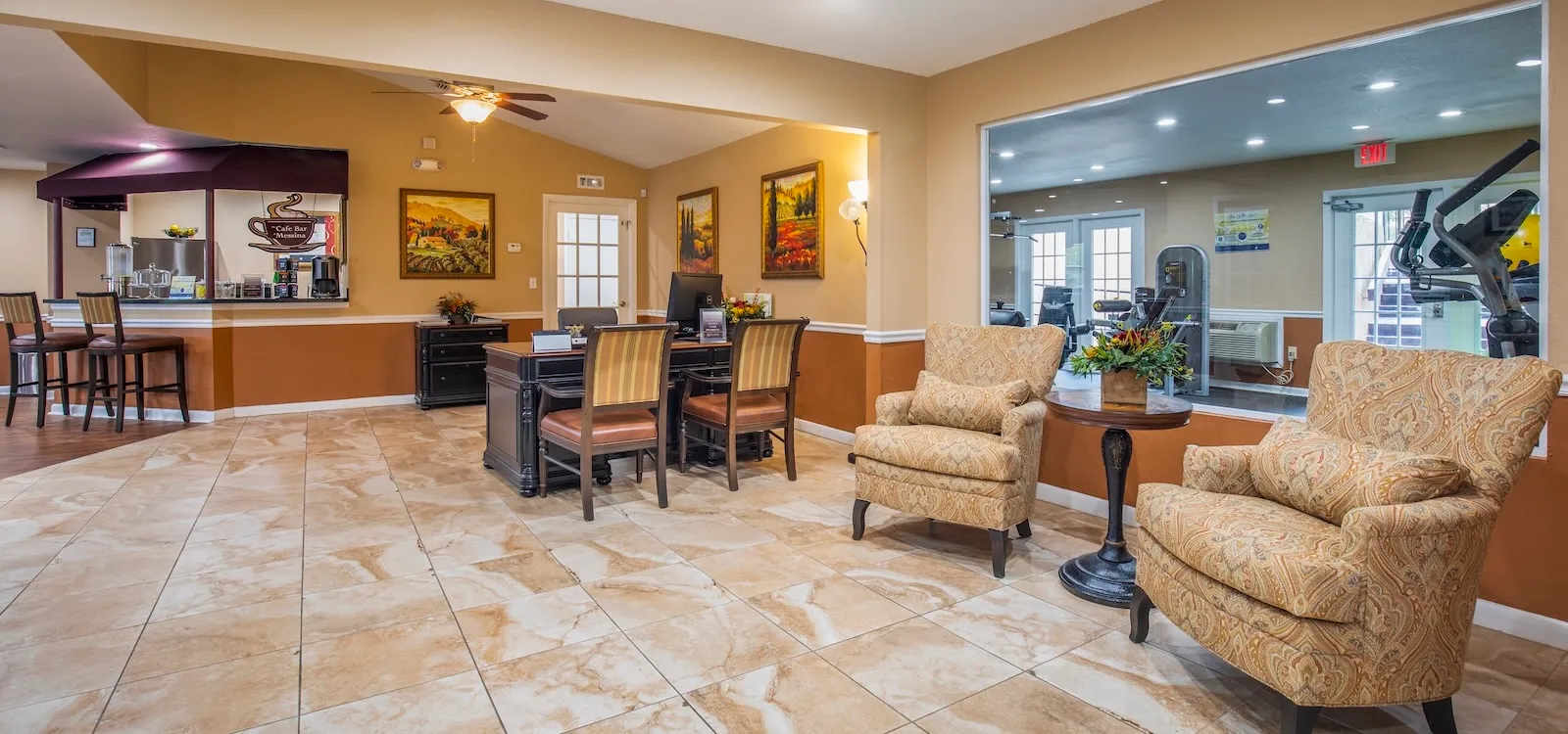 Residents club house with coffee and tea service area and business center