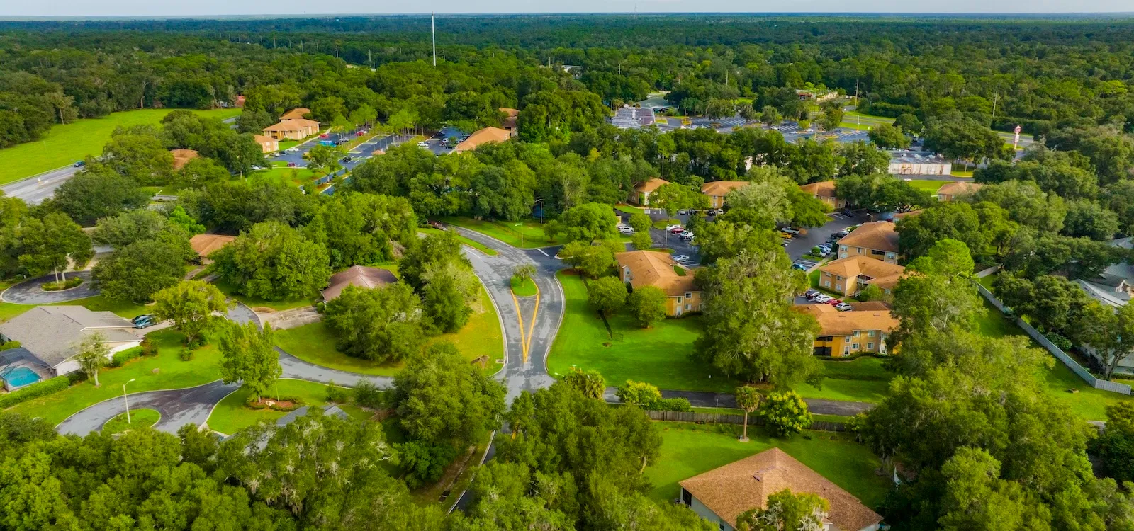Aerial view of The Park at Brandywine Apartment Homes tree-shaded lush community